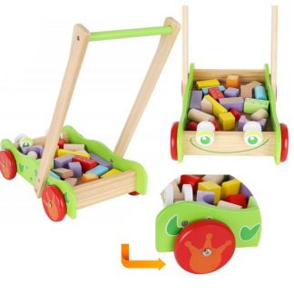 Детска дървена количка с дървени блокчета за игра