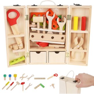 Детска дървена кутия със строителни инструменти