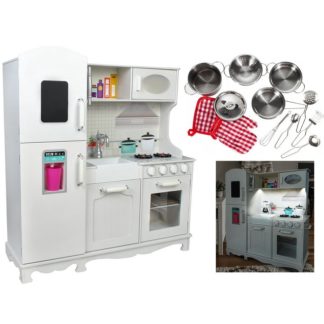 Детска дървена кухня с кухненски уреди и прибори