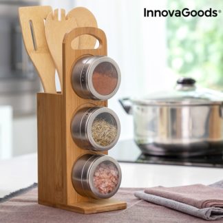 Бамбуков комплект от кухненски прибори с магнитни контейнери за подправки InnovaGoods Bamsa